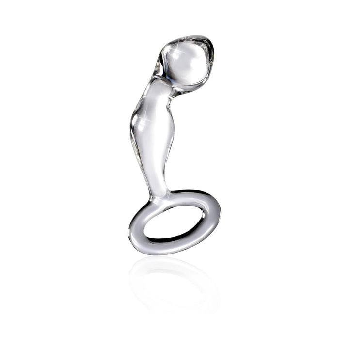 Clear hand-blown glass butt plug with curved shape and safety ring base for secure, comfortable use.