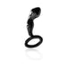 Sleek black glass butt plug with ergonomic curve and safety ring base, designed for comfortable and secure use.