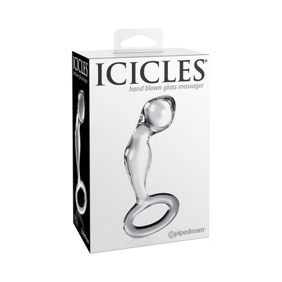 Packaging of Icicles No 46 hand-blown clear glass butt plug with ergonomic curved design and safety ring handle.