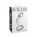 Packaging of Icicles No 46 hand-blown clear glass butt plug with ergonomic curved design and safety ring handle.
