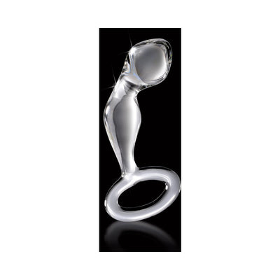Clear hand-blown glass butt plug with curved shape and safety ring base on a black background.