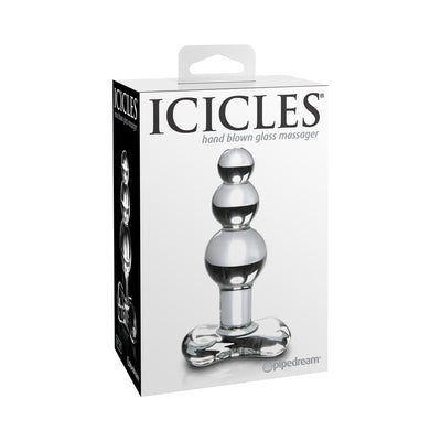 Packaging box of Icicles No 47 hand-blown glass beaded anal plug with tapered and graduated bulb design.