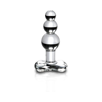 Clear glass anal plug with three graduated beads and a flat ergonomic base on a white background.