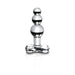 Clear glass anal plug with three graduated beads and a flat ergonomic base on a white background.