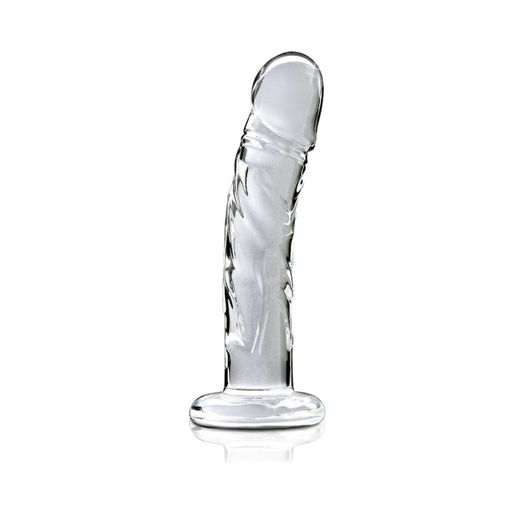 Clear handcrafted glass dildo with a curved, veined shaft and flat base for versatile use and easy handling.