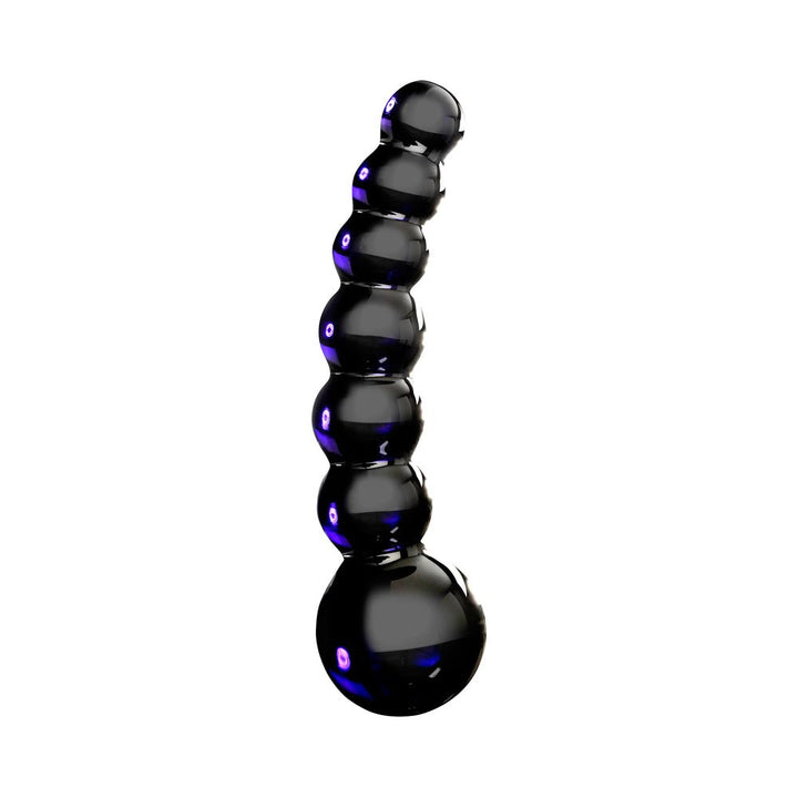 Sleek black glass massager with graduated beaded design and rounded handle, crafted for elegant and precise stimulation.