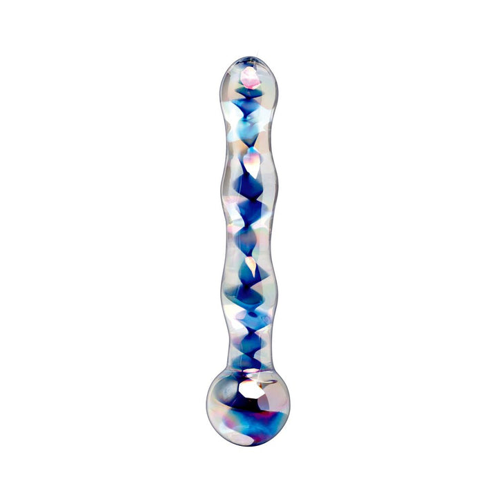 Sleek hand-blown glass massager with blue and iridescent swirls, featuring a rounded tip and textured body for versatile use.