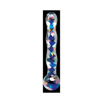 Icicles No. 8 hand-blown glass massager with colorful swirls and smooth rounded ends on a black background.