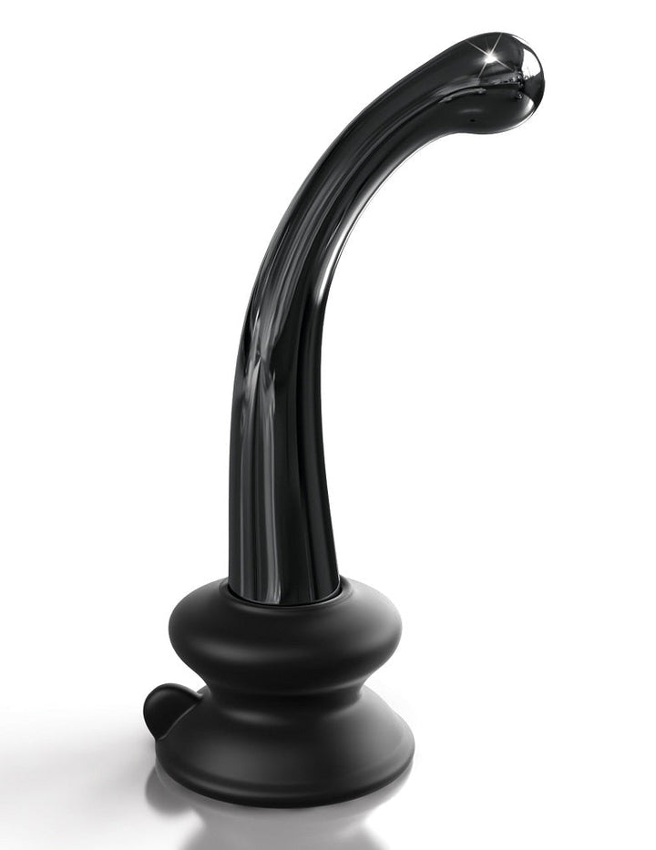 Sleek black curved glass G-spot wand with a sturdy silicone suction cup base for hands-free use.