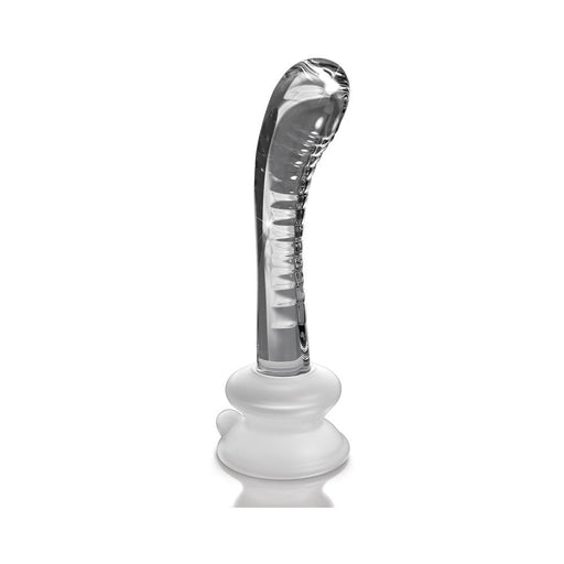 Clear curved glass G-spot wand with textured ridges and a frosted silicone suction cup base.