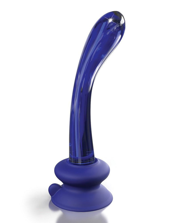 Blue curved glass G-spot wand with flexible silicone suction cup base for hands-free use.