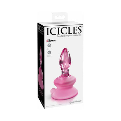 Packaging of Icicles No. 90 pink glass anal plug with silicone suction cup base, displayed on white background.