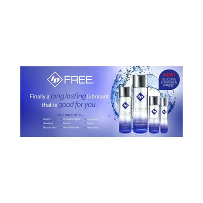 Id Free long-lasting lubricant bottles with water splash background and text highlighting glycerin and paraben-free formula.