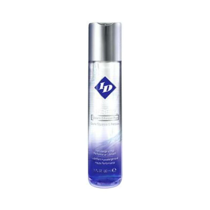 Clear and blue gradient bottle of Id Free long-lasting, skin-friendly lubricant with silver cap on white background