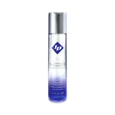 Clear and blue gradient bottle of Id Free long-lasting, skin-friendly lubricant with silver cap on white background