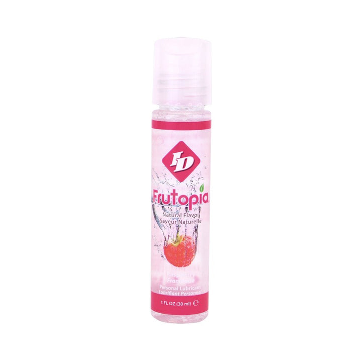1oz bottle of ID Frutopia raspberry flavored natural water-based personal lubricant with clear packaging and pink label.
