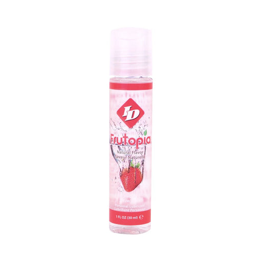 1 oz bottle of Id Frutopia strawberry flavored personal lubricant with natural flavor and clear packaging.