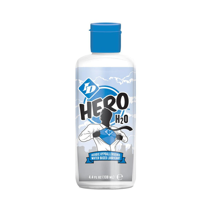 Bottle of ID Hero H2O 4.4 fl oz hypoallergenic water-based lubricant with blue cap and superhero-themed label.