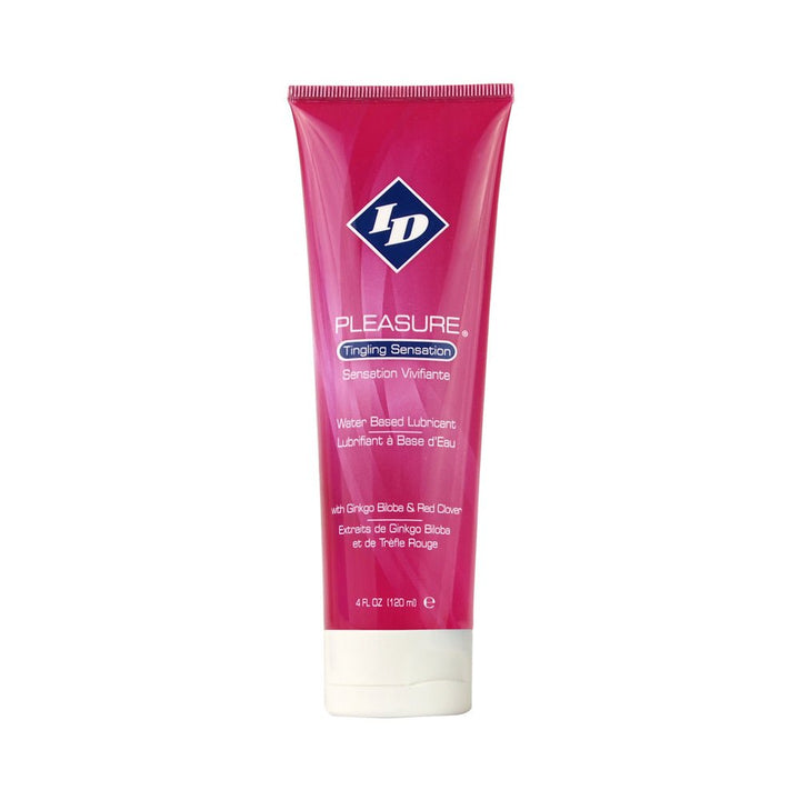 Tube of ID Pleasure Tingling Sensation water-based lubricant with Ginkgo Biloba and Red Clover, 4.1 oz travel size.
