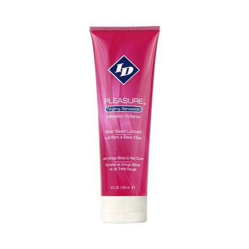 Tube of ID Pleasure Tingling Sensation water-based lubricant with Ginkgo Biloba and Red Clover, 4.1 oz travel size.