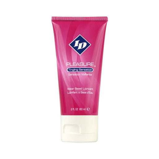 2oz tube of ID Pleasure Tingling Sensation water-based lubricant in pink packaging with white cap
