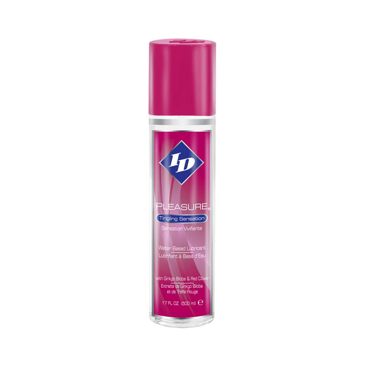 17oz bottle of ID Pleasure Tingling Sensation water-based lubricant with natural extracts and pink cap