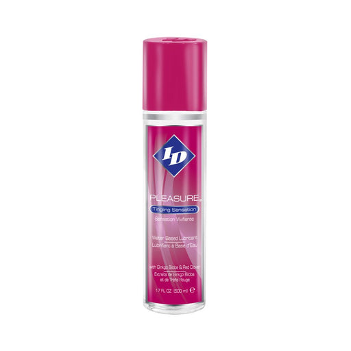 17oz bottle of ID Pleasure Tingling Sensation water-based lubricant with natural extracts and pink cap