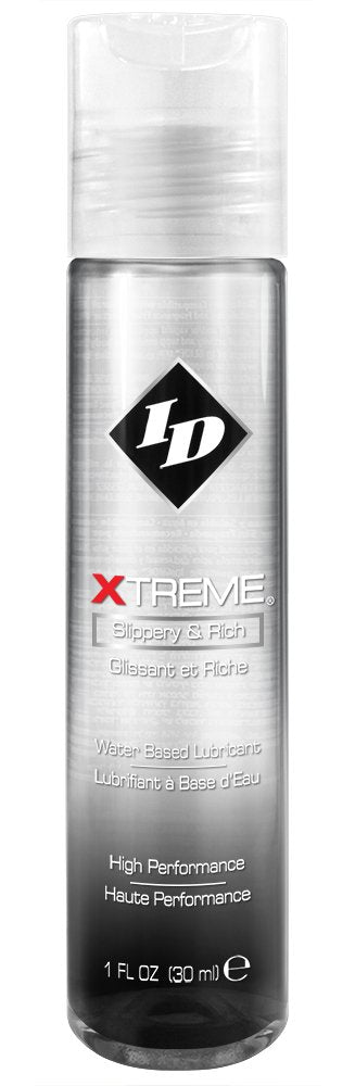 Clear 1 fl oz bottle of ID Xtreme water-based personal lubricant with black and red branding.