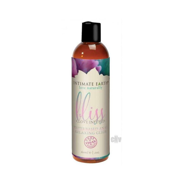 Bottle of Intimate Earth Bliss clove-infused water-based anal relaxing glide, 60 ml with floral label design.