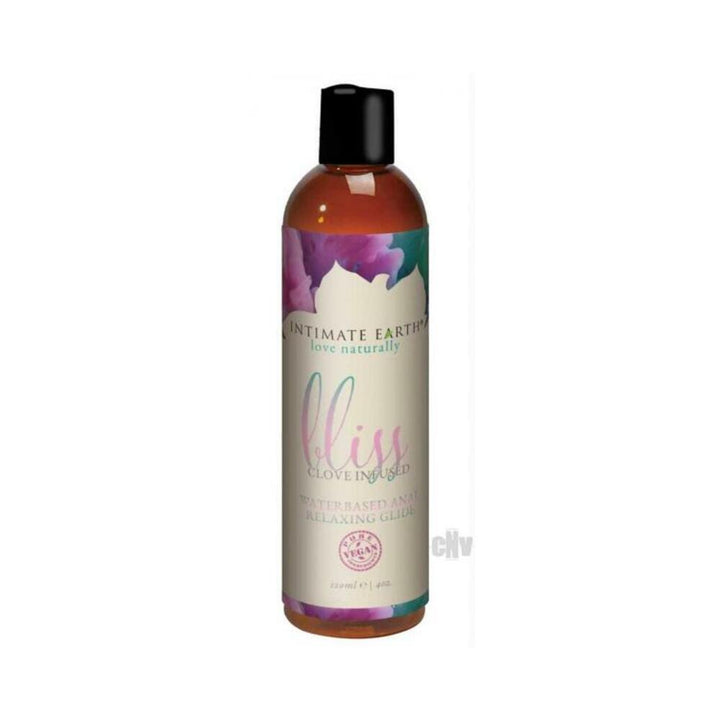 Bottle of Intimate Earth Bliss water-based anal relaxing glide with clove, 120ml, featuring floral label design and black cap.