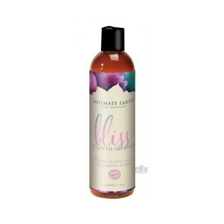 Bottle of Intimate Earth Bliss clove-infused water-based anal relaxing glide, 240ml with floral label design.