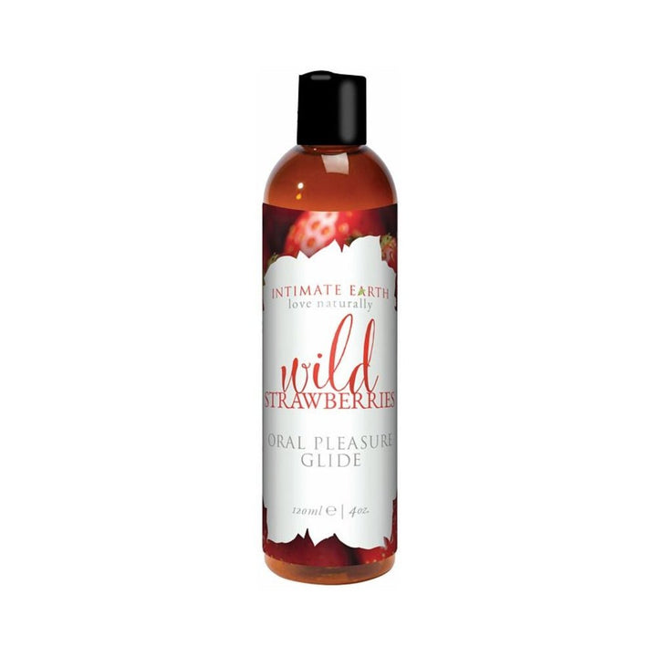 120ml bottle of Intimate Earth Wild Strawberries flavored oral pleasure glide with black cap and strawberry-themed label.