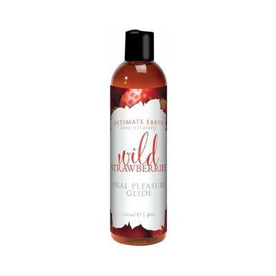120ml bottle of Intimate Earth Wild Strawberries flavored oral pleasure glide with black cap and strawberry-themed label.