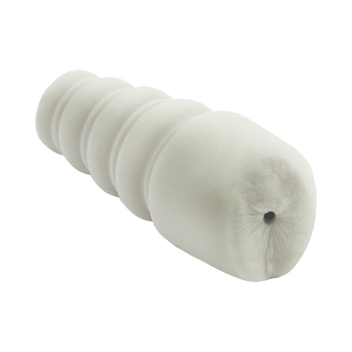 Compact frosted white stroker with textured, ribbed exterior and realistic opening design.