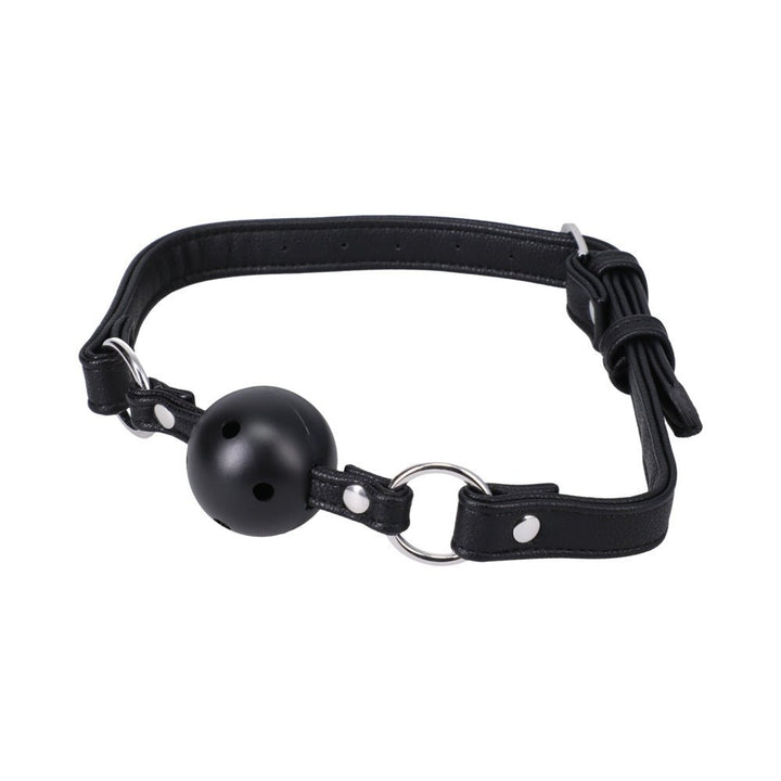 Black vegan leather ball gag with breathable holes and adjustable strap featuring silver hardware.