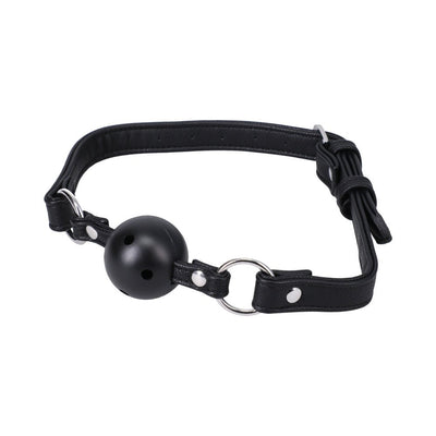 Black vegan leather ball gag with breathable holes and adjustable strap featuring silver hardware.