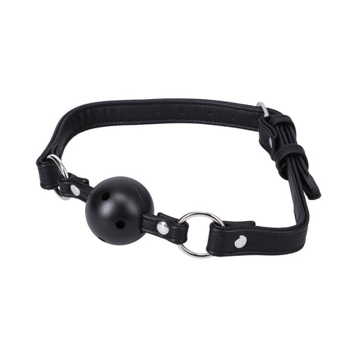 Black vegan leather ball gag with breathable holes and adjustable strap featuring silver hardware.