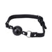 Black vegan leather ball gag with breathable holes and adjustable strap featuring silver hardware.
