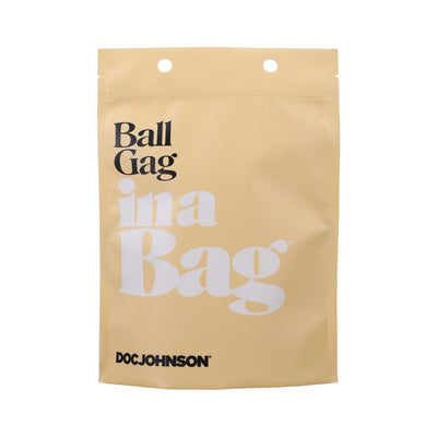 Beige resealable pouch packaging for In A Bag Ball Gag by Doc Johnson with bold black and white text.