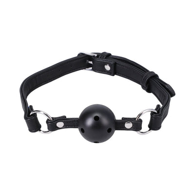 Black vegan leather ball gag with adjustable straps and breathable holes on the ball, featuring silver hardware details.