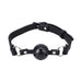 Black vegan leather ball gag with adjustable straps and breathable holes on the ball, featuring silver hardware details.