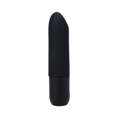 Compact black bullet vibrator with smooth silicone finish and rounded tip, standing upright on a white background.