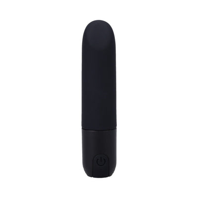 Compact black bullet vibrator with smooth silicone surface and power button at the base, designed for discreet use.
