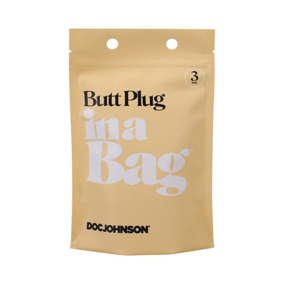 Beige resealable pouch packaging for a 3-inch black silicone butt plug by Doc Johnson labeled In A Bag.