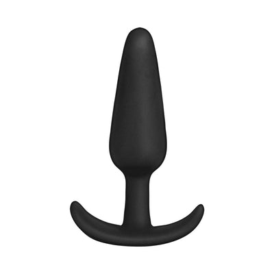 Black tapered silicone butt plug with curved base for comfort and easy insertion.