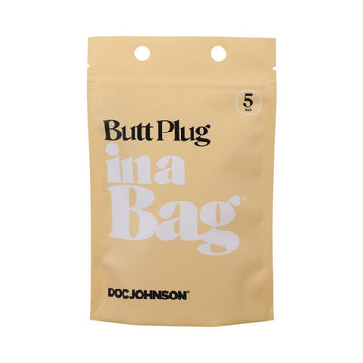 Beige resealable pouch packaging for a 5-inch black butt plug by Doc Johnson labeled In A Bag.