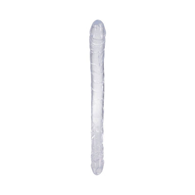 Clear double-ended flexible toy with realistic texture and veined design on both ends.
