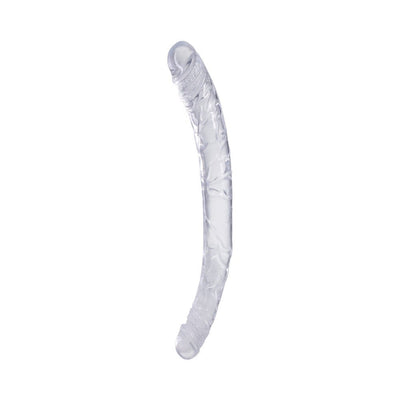 Clear double-ended flexible toy with veined texture on both ends, 13 inches long, designed for shared pleasure.