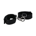 Black vegan leather handcuffs with soft velvet lining and metal connectors, adjustable with velcro closures for comfortable fit.