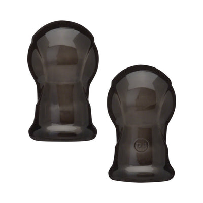 Pair of black sheer silicone nipple teasers designed for suction and hands-free wear.